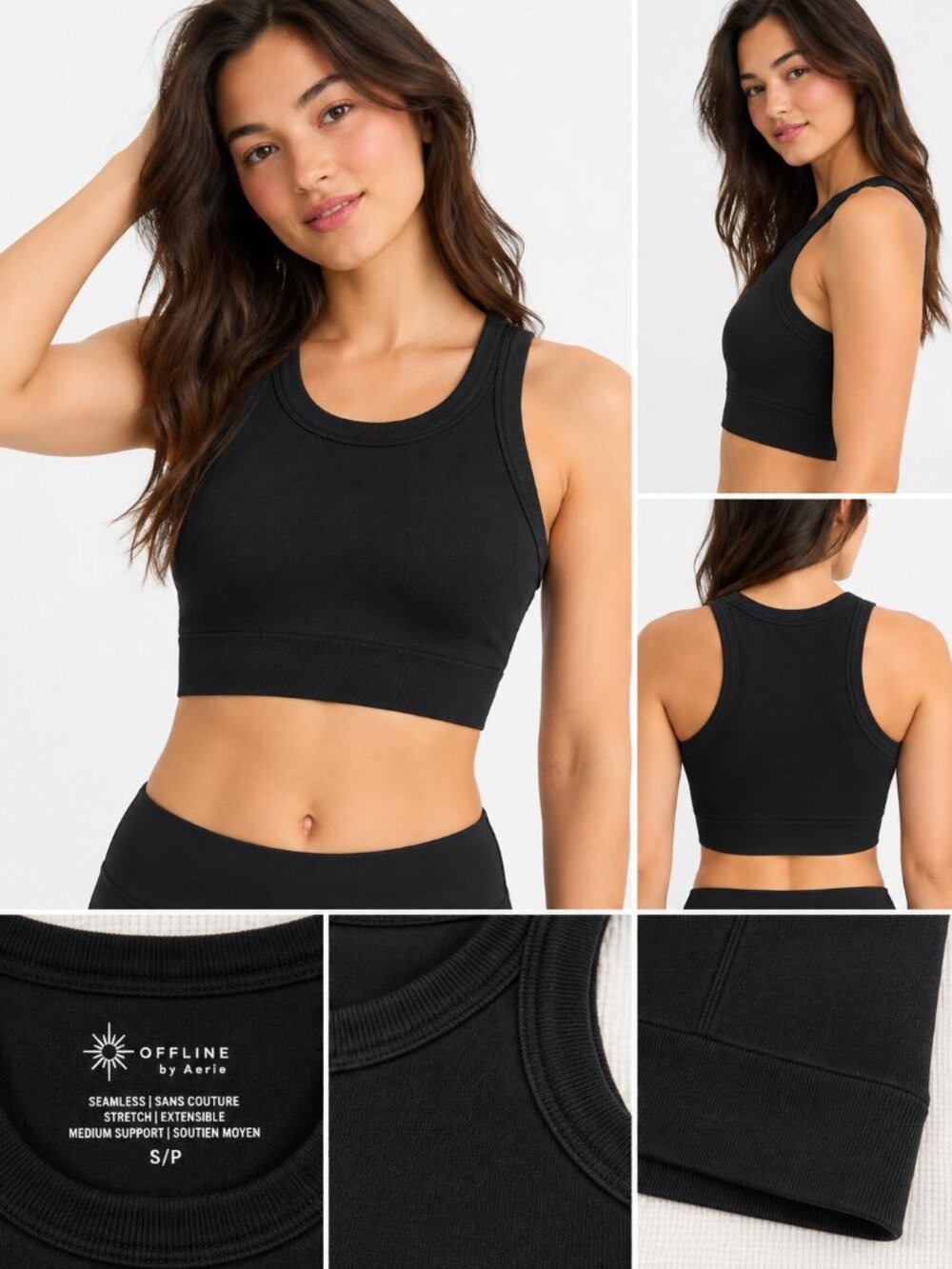 OFFLINE by Aerie Black Seamless Medium Support Crop Tank S/P